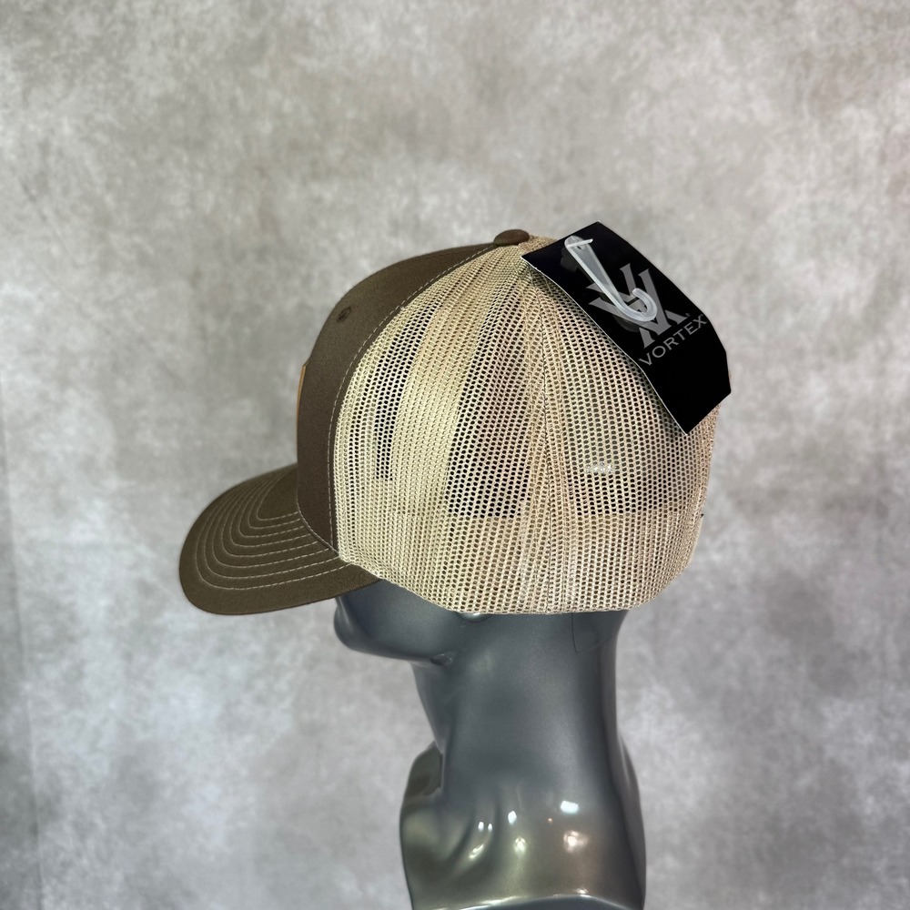 Vortex Optics Trucker Hat Men OSFM Brown Tan Solid Mesh Back Leather Logo Patch - Picture 2 of 7